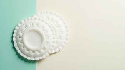 Toner pads. White vintage ceramic plates stacked, elegant minimalist tableware arrangement, perfect for wedding decoration, home dining, soft natural light background, clean bright aesthetic design