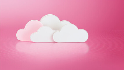 A cluster of cloud-shaped objects, some white and one light pink, arranged on a glossy pink surface against a solid pink background.