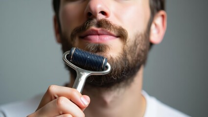Beard roller. Man is holding hairbrush in his hand and looking at camera