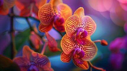 Vibrant Purple and Orange Orchid Blossoms with Intricate Patterns in Soft Focus Background