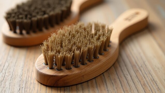 Boar bristle brush. Hair brushes are on table ready to be used