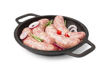 Frying pan with raw fresh sausages and spices on white background