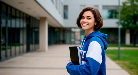 Chica estudiante sonriente en campus universitario 