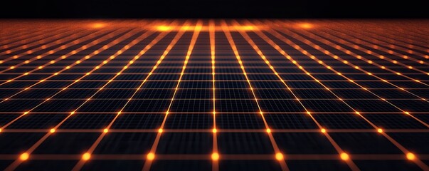 Machine Learning Algorithm Concepts. Futuristic grid with glowing orange lights on a dark background.