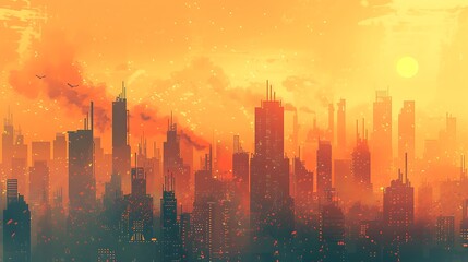 Fototapeta premium Vibrant Sunset Over a Futuristic Cityscape with Skyscrapers and Urban Environment
