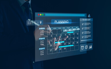 Business Plan Calendar Agenda work schedule and Project management concept, Businessman manages time for effective working with Calendar on virtual screen, Reminder appointment
