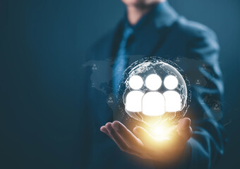 HR, human resource managers select employees using computer digital technology. concept of hiring,...