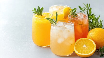 Fototapeta premium Refreshing citrus drinks with ice, garnished with rosemary. Summer beverage concept
