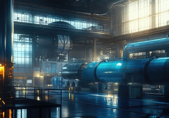 The interior of an industrial plant with large blue pipes and cables, representing the theme of industrial technology. The scene is illuminated by soft light from multiple windows