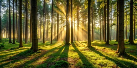 Soft warm sunlight filters through towering trees casting dappled shadows on a serene forest floor, forest