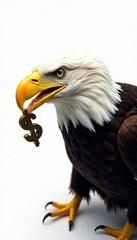Fototapeta premium Close-up of eagle carrying dollar sign in beak against white background, symbolism, success