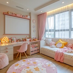 A little girls bedroom decorated in soft pink colors