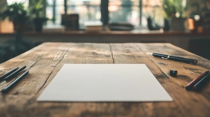 Empty wooden table framed by stationery: scattered pens, markers, and sheets of paper 