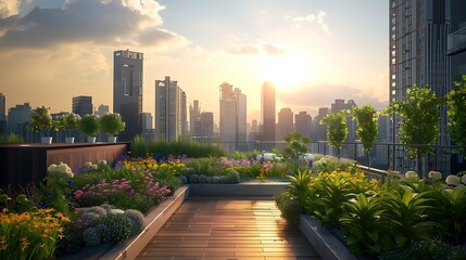 Fototapeta premium Stunning Rooftop Garden with Vibrant Flowers and City Skyline at Sunset