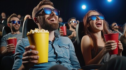 Group of people in the cinema enjoying an exciting movie with 3D effects. Man with beard holding popcorn bucket and woman laughing with red drink cups, casual audience having fun.