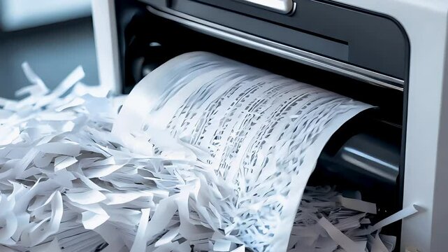 Shredded paper coming out of an office shredder in a close-up shot of document destruction

