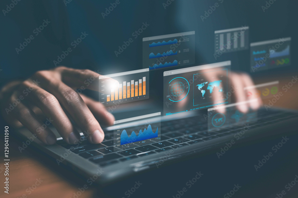 Poster businessman analysis shows a digital dashboard chart of the financial database. concept of business 