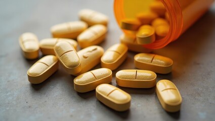 Dhea supplement. Close-up yellow tablets spilled from orange bottle on