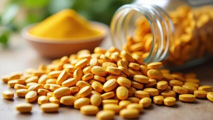 Fenugreek supplements. Yellow tablets medicine spilled from glass jar,