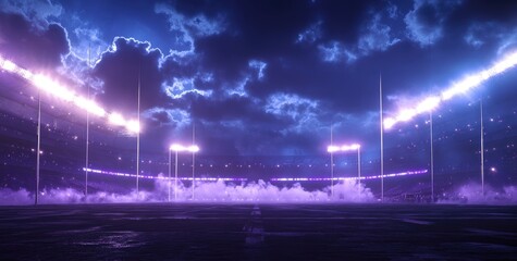 The wardrobe of an American football stadium at night. A large, dark field lit by bright white and purple spotlights, with clouds in the sky.