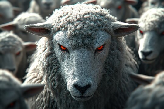 An imposing sheep with glowing red eyes stares menacingly