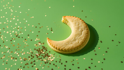 Bite of a cookie biscuit in moon shape. Moon-shaped cookie - creative idea.