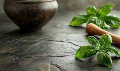 Fresh basil leaves and pestle on slate kitchen counter
