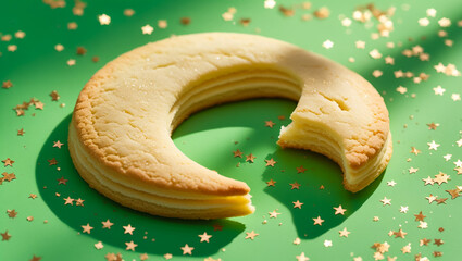 Bite of a cookie biscuit in moon shape. Moon-shaped cookie - creative idea.