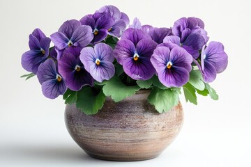 A bouquet of vibrant purple pansies arranged in a rustic brown pot, creating a beautiful and serene floral display.