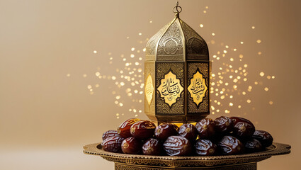 Ornamental Arabic lanterns with burning candles. Glittering golden bokeh lights. Plate with date fruit on the table. Greeting card for Muslim holiday