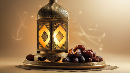 Ornamental Arabic lanterns with burning candles. Glittering golden bokeh lights. Plate with date fruit on the table. Greeting card for Muslim holiday