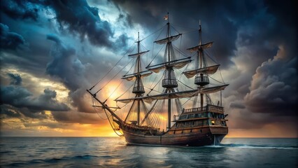 Fototapeta premium Old pirate ship at sea with a deserted deck and faded sails on a dark stage background, seafaring, sea salt, seafaring