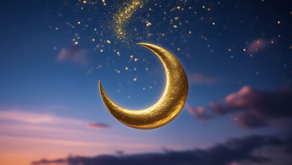 Ramadan Kareem illustration with golden moon with glittering texture on a golden background.
