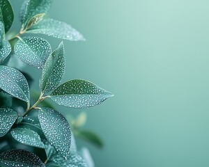 Dewy leaves, teal background, nature, calming, aesthetic