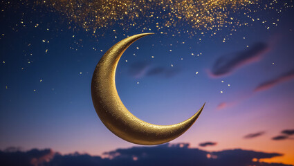 Ramadan Kareem illustration with golden moon with glittering texture on a golden background.