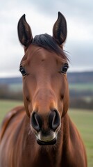 Obraz premium Chestnut horse smiling and showing teeth in paddock