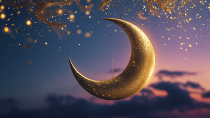 Ramadan Kareem illustration with golden moon with glittering texture on a golden background.