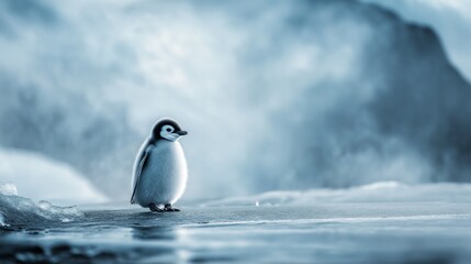 Obraz premium Baby penguin standing on icy surface in cold Antarctic landscape