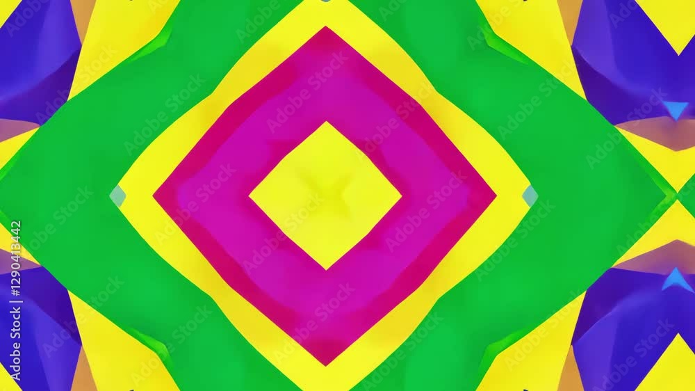 Poster colorful geometric shapes transforming dynamically, revealing intricate symmetry and motion through 