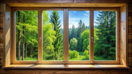 A serene window with a natural frame of tall trees and lush greenery in the background, framed by a wooden sill, inviting relaxation and tranquility , scenery, solitude