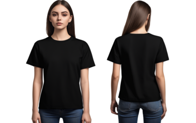 Black oversized t-shirt template on a white background, front and back view of a female model wearing a plain black oversized T-shirt for a design mockup, isolated on a transparent PNG or cutout