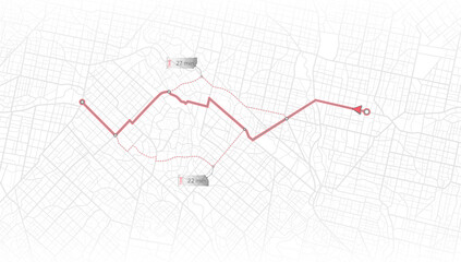 Map with intended goal and several paths to destiny. Concept of shortest path to the goal. Abstract navigation plan on city map. Vector illustration