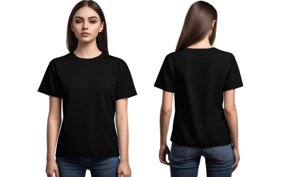 Black oversized t-shirt template on a white background, front and back view of a female model wearing a plain black oversized T-shirt for a design mockup, isolated on a transparent PNG or cutout