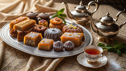 Arabic delight, tea cups and golden lantern. Iftar meal