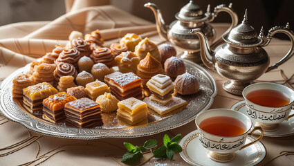 Arabic delight, tea cups and golden lantern. Iftar meal