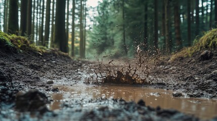 Mud splashing on forest path creating a crown shape