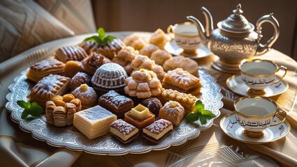 Arabic delight, tea cups and golden lantern. Iftar meal