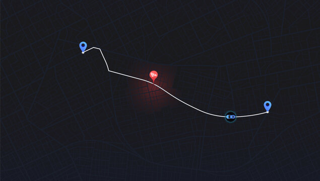 Accident road. Closed turns of the route, road. Traffic detours on map. Location tracks dashboard. Generic city map with signs of streets. Vector illustration