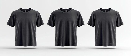Three black t-shirts displayed on a minimalist background