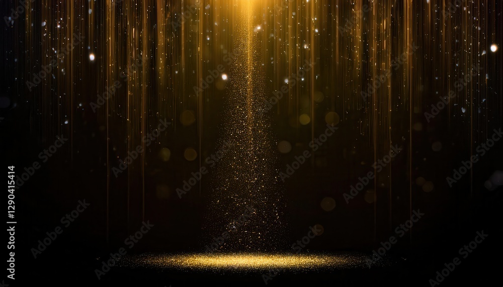 Poster golden sparkling particles falling down with glowing lights on dark background, bokeh effect, cosmic